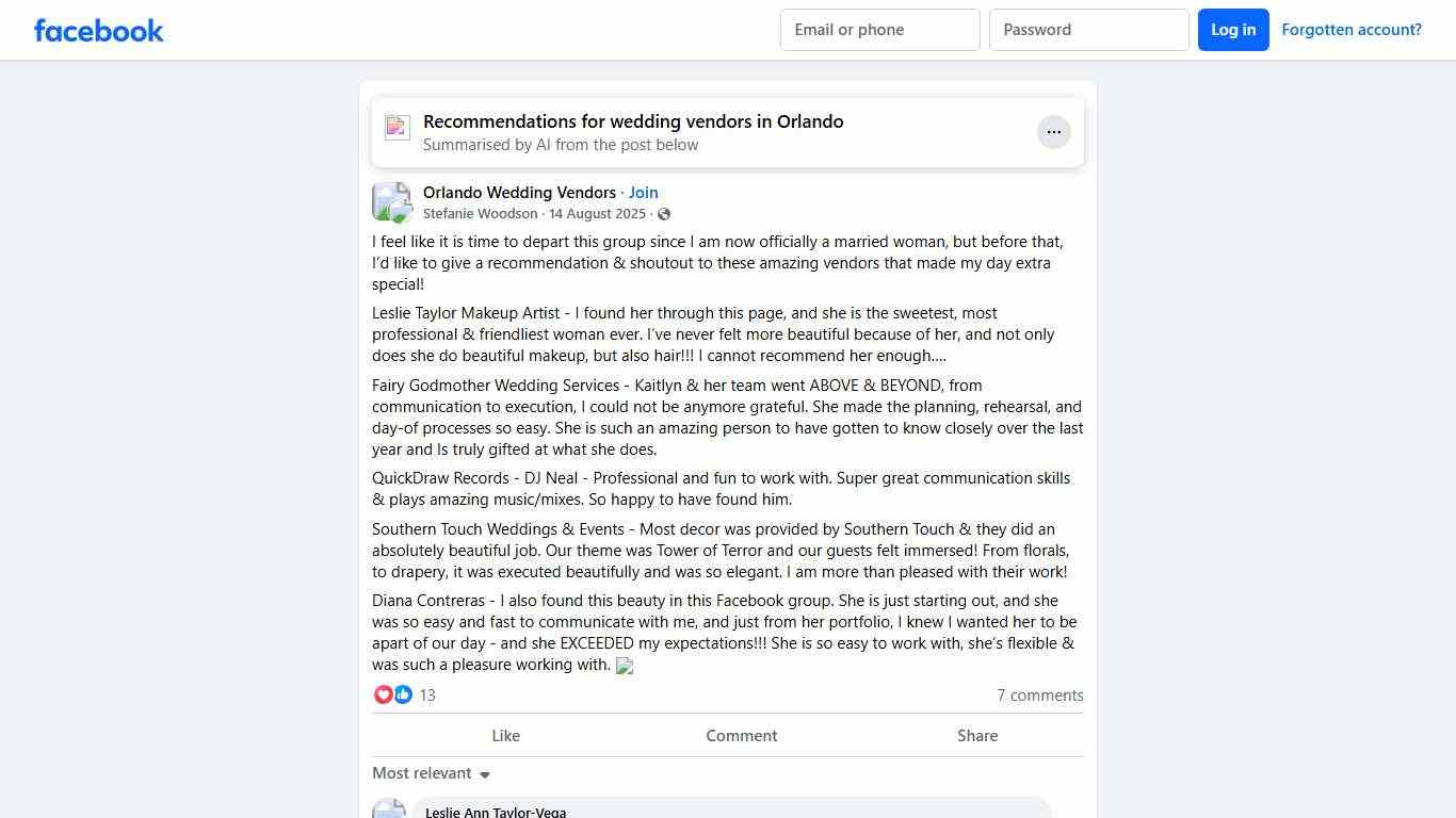 Orlando Wedding Vendors I feel like it is time to depart this group since I am now officially a married woman, but before that, I’d like to give a recommendation & shoutout... Facebook